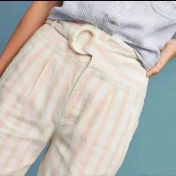 Anthropologie Oasis Striped Linen Tapered Leg Pants White and Pink - Picture 2 of 10